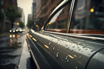 Close-up of a classic car's windshield wiper in motion on a rainy city street - obrazy, fototapety, plakaty