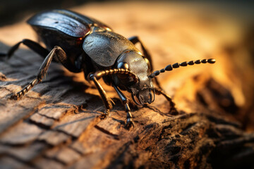 Macro shot of a beetle crawling on a textured tree bark. - obrazy, fototapety, plakaty