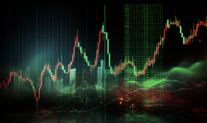 The photo shows a stock chart on a computer screen. The chart is red and green, and it is moving up and down