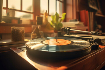 Vintage record player on a wooden table with a stack of neatly organized vinyl records. - obrazy, fototapety, plakaty