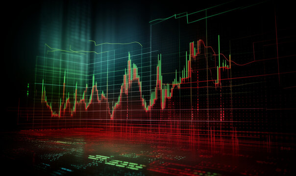 The photo shows a stock chart on a computer screen. The chart is red and green, and it is moving up and down