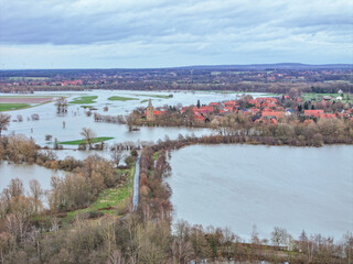 Luftbild vom Hochwasser der Weser in Petershagen, Nordrhein-Westfalen, Deutschland