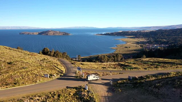 Tracking RV Expedition Truck Golden Hour Titicaca Lake Bolivian Side Overlander