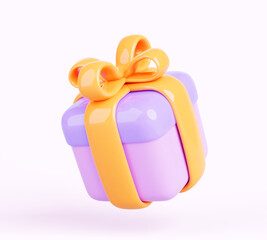 3d render colorful gift box with gold ribbon bow. Present package, holiday closed cube box for birthday or wedding. Game reward icon, prize, bonus or surprise isolated on background. 3D illustration