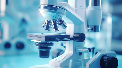 Microscope in laboratory, scientific equipment close up, analysis research