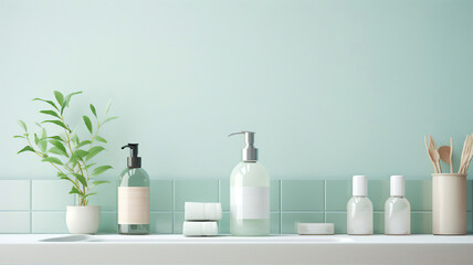 Different bottles of cosmetic products on the bathroom shelf on the light mint background