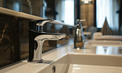 The photo shows a close-up of a bathroom sink. The sink is white and appears to be made of ceramic or porcelain. It has a single faucet with a chrome finish. The faucet handle is on the right side of 
