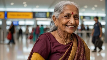 Happy elderly South Asian woman in traditional saree smiling at the airport.