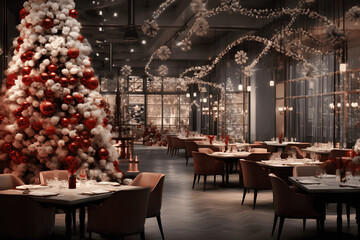 Fototapeta na wymiar Urban Elegance: Modern Luxury Restaurant adorned with Festive Christmas Tree for the Holidays. Modern and contemporary luxery restaurant with Christmas tree decorated for Christmas and New Year