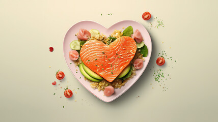 Salmon in a plate shape of heart with sliced avocado and salad on light gray background. Valentine Day cafe advertisement. Copy text space, flat lay