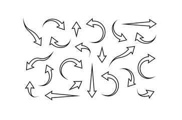 Set of black, empty arrows icons. Orientation of movement. Curve indicator, side rotation. Direction right left down up. Geometric abstract arrows of various shapes. Vector illustration.
