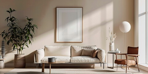 minimalist living room with one frame mockup . Generative ai