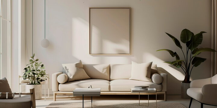 minimalist living room with one frame mockup . Generative ai