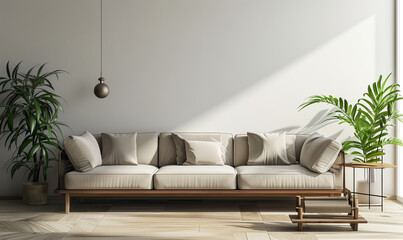 Living room with a long gray couch against a white wall