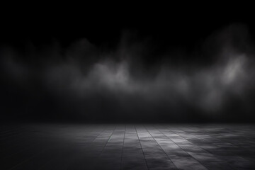 Abstract Dark Room Concrete Floor Background for Product Placement with Panoramic White Fog - obrazy, fototapety, plakaty