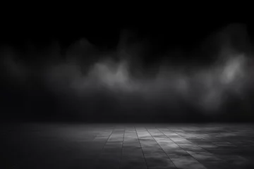 Fototapeten Abstract Dark Room Concrete Floor Background for Product Placement with Panoramic White Fog © Patchaporn