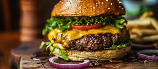 Close-up of a homemade burger with cheese, lettuce, onion, and dressing on a cutting board.
