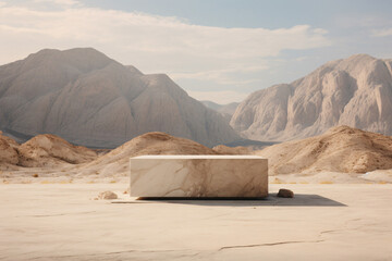 Marble Podium in Serene Desert Landscape, Awe-Inspiring Backdrop for Your Vision