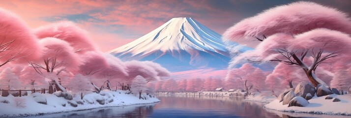 Fantastical pink-hued winter scene with Mount Fuji backdrop