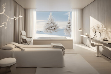 Contemporary White bedroom with Christmas Tree, Minimalist style, Big Windows, and Breathtaking Snowy Forest View