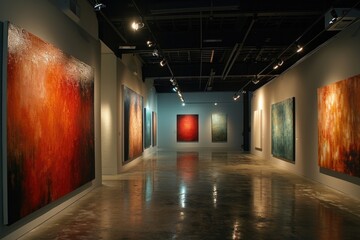 A vibrant and eclectic collection of paintings adorn the walls of an indoor art gallery, creating a visual feast for the senses