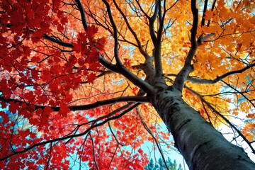 A vibrant maple tree stands tall, adorned with fiery orange and golden yellow leaves, basking in the crisp autumn air against a clear blue sky