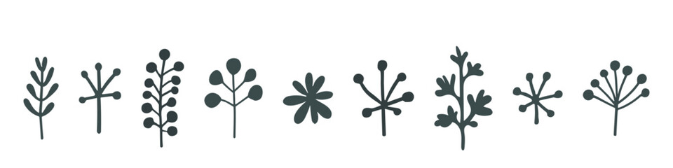 Horizontal set of vector black and white plant icons, including various stylized flowers and leaves.