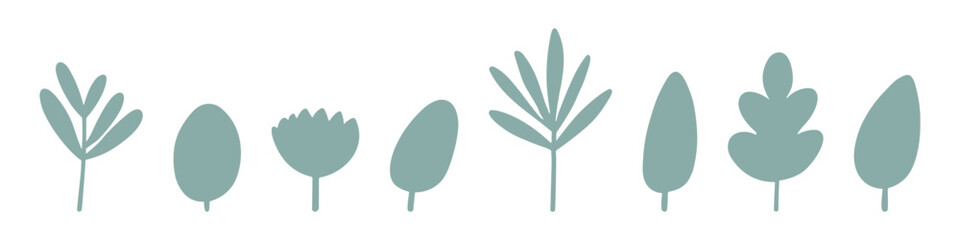 A series of green botanical vector icons including various stylized leaves and flowers.