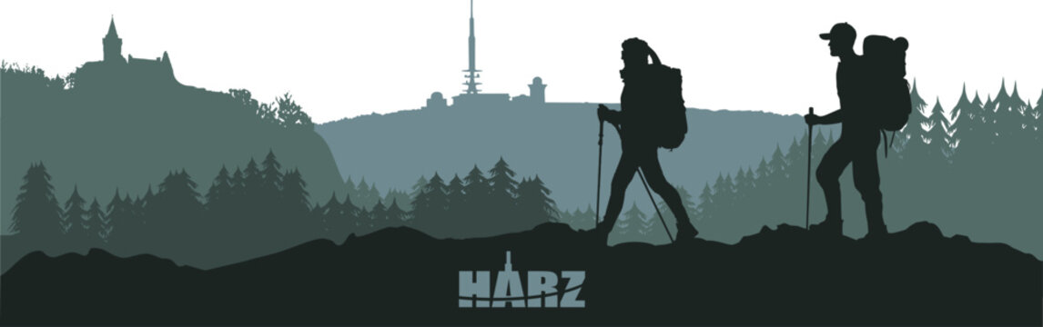 Vektor Silhouetten Sehensw&uuml;rdigkeiten im Harz - Wandern - Erholung und Bewegung