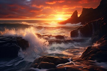 Rocky cliffs along the coastline, with waves crashing below as the sun sets in a fiery display.