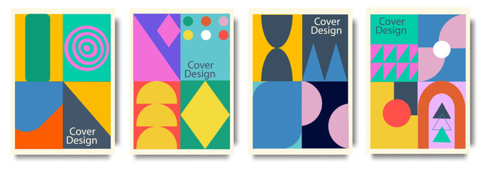Modern Bauhaus colorful minimal background with geometric shapes elements.  Fashionable bright cover, banner, poster, booklet. Modern Geometric