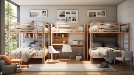 student dorm room, bunk bed, neat and clean, minimalist styling