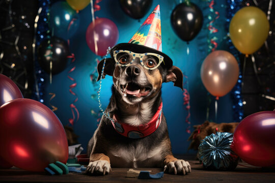 Dog having fun in a New Year's Eve photo booth