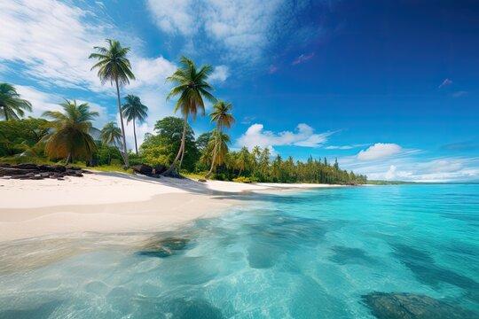 A panoramic view of a tropical beach with turquoise waters and palm trees © PinkiePie