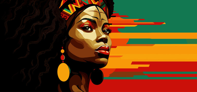 Abstract black women with black history month red, green and yellow colors background