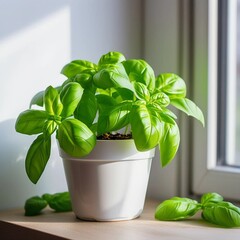 basil growing in a flower pot on a window sill. Home grown greenery. Organic vegetables and healthy food concept. Microgreens and home gardening. Aromatic herbs. 