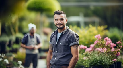 Naklejka premium A gardener in a botanical garden looking at blooming flowers , gardener, botanical garden, blooming flowers