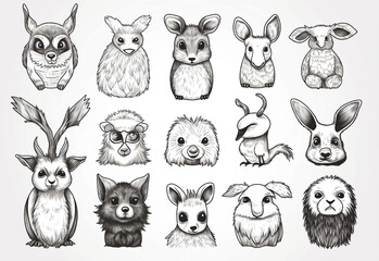AI generated Collection of vector animals in black and white fuzzy style