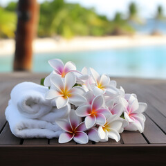 Fototapeta na wymiar White towels with Plumeria flowers at a tropical resort. A vacation spa treatment concept. 