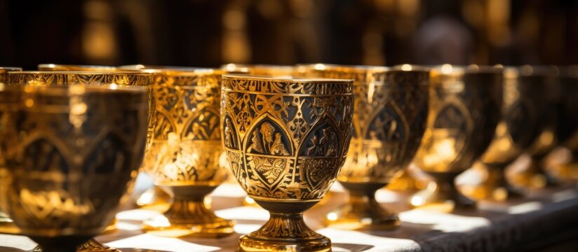 Gilded cups on the shrine.