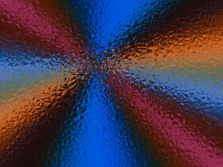 Obraz premium Niebieskie, pomarańczowe i bordowe promienie skupione w w jednym punkcie widoczne przez przeźroczystą szybę o teksturze trójkątów i trapezów - abstrakcyjne tło