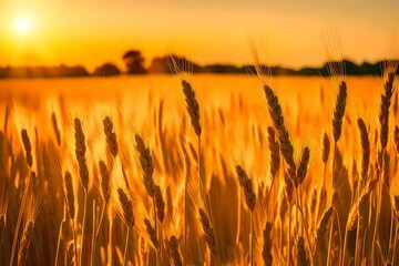 Beautiful nature sunset landscape. Ears of golden wheat close up. Rural scene under sunlight. Summer background of ripening ears of agriculture landscape. Natur harvest. Wheat field natural product