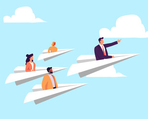 Leadership to lead team to the right direction, employee teamwork to help success, manager to motivate team or company to move forward concept