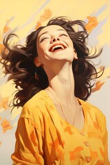 Fototapeta na wymiar A joyful woman radiating happiness against a gentle pale yellow background.