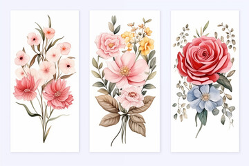 A collection of posters with roses, leaves, floral bouquets.  Notebook covers