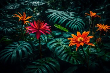 Fototapeta na wymiar colorful flower on dark tropical foliage nature background