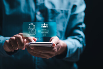 Cybersecurity and privacy to protect data. Businessman use smartphone with cyber security technology for protecting personal data and secure internet access.