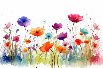 Astract colorful summer flowers growing on white background, cartoon, decoration, card, copy space for text, watercolor