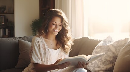 A joyful woman reading a book on a comfortable sofa , joyful woman, reading, comfortable sofa