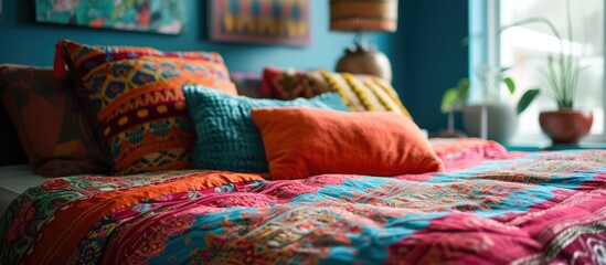 Picture showing a big, vibrant bed with decorative pillows